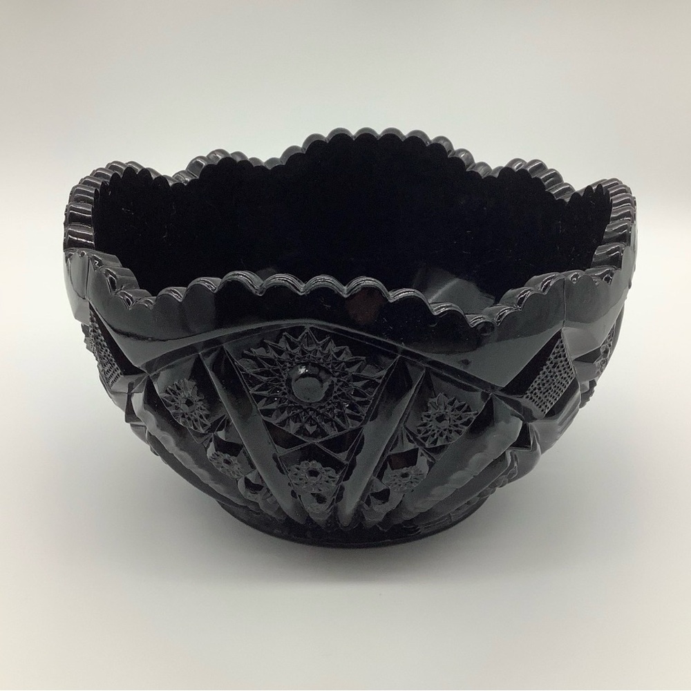 Vintage Black Cut Glass Serving Bowl w/ Hobstars & Scalloped Edge - Elegant